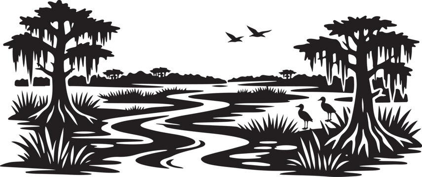 Everglades Landscape Silhouette Black and White Vector Illustration