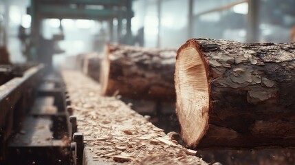 Rough timber logs on sawmill belt