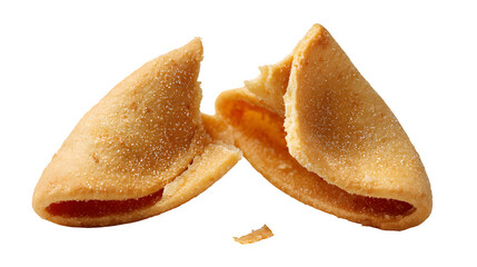 A delicious and crunchy chinese fortune cookie snack is isolated on white as a sweet yellow treat and delicious meal bread