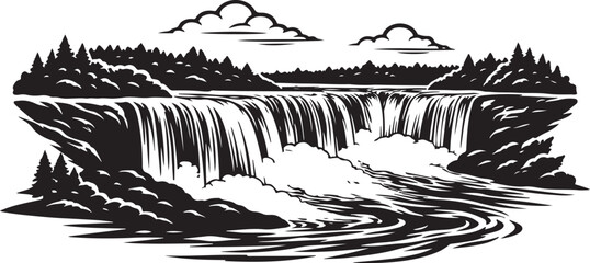Niagara Falls Landscape Silhouette Black and White Vector Illustration