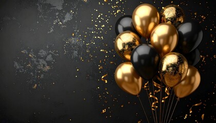 Festive New Year Eve Background with Golden Balloons and Sparking Streamers