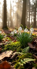 Snowdrops in a sunlit forest - A sign of springs arrival.