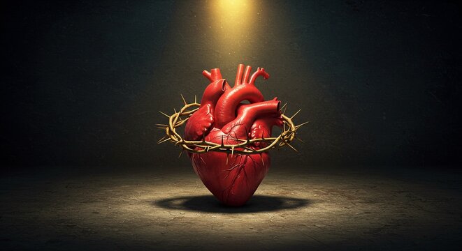 Stylized realistic human heart wrapped by a crown of thorns is the center focus against dark background with a light above.