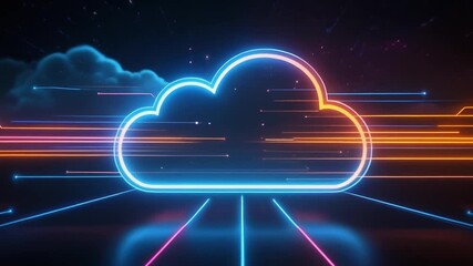 Cloud computing concept with neon cloud icon and blurred motion lines in a dark background
