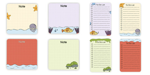 Set of cute ocean themed memo pads and to-do list paper pieces with sea animals, fish, jellyfish, and coral illustrations isolated over a transparent background. PNG clipart elements.