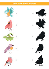 Educational find the correct shadow activity with colourful birds and matching black silhouettes. Fun holiday worksheet for kids, preschool learning and printable materials.