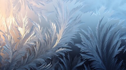Intricate frost patterns on a window, with gradients of blue, white, and subtle golden hues