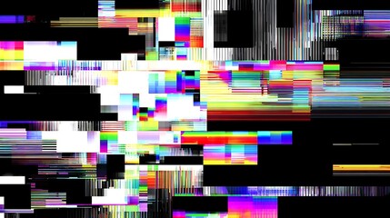 A digital artwork showcases a glitch aesthetic. Blocks of color appear to distort across a black background