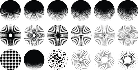 Abstract halftone circle patterns collection, monochrome geometric dots, concentric rings, spiral designs, modern minimal background set, vector texture, illustration, design