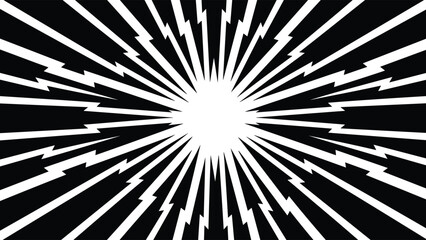 Abstract black and white radial burst background with lightning rays, dynamic explosion energy pattern for modern graphic design concepts illustration