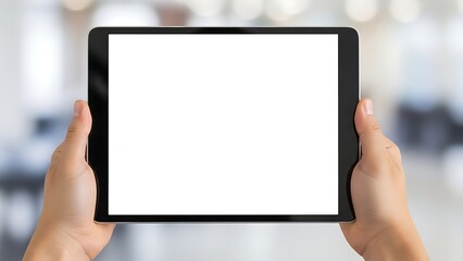 Hands holding tablet with blank screen for customizable content display