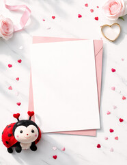 Flat Lay Valentine&rsquo;s Day Greeting Card Mockup with Blank White Paper, Pink Envelope, Plush Ladybug Toy, Roses, Gold Heart Ring and Scattered Heart Confetti on Marble Background