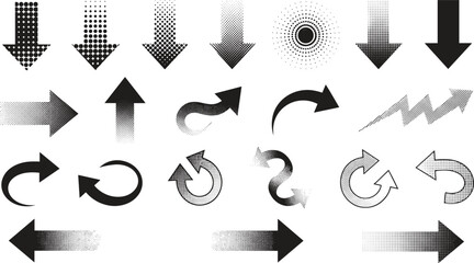 Abstract arrow icons collection, halftone gradient direction symbols, dynamic navigation pointers, modern black white graphic design elements vector set