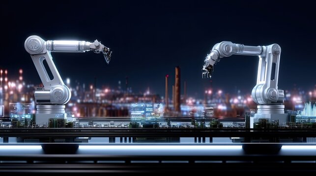 Advanced Robotic Arms in Industrial Setting with Cityscape Background at Night Featuring Modern Technology and Innovation in Automation