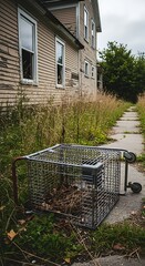 Abandoned Shopping Cart on Sidewalk in Overgrown Neighborhood.