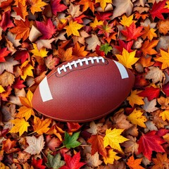 Autumn football rests on colorful fallen leaves, evoking nostalgia,  sport,  brown