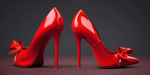 A collection of glamorous red high-heeled shoes for women, set against a dark red backdrop, rendered in 3D.