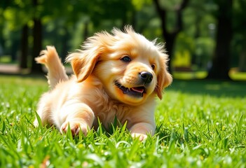 Fluffy golden retriever puppy playfully rolling in green grass, tail wagging, enjoying bright sunshine in a scenic park,  sunshine,  sweet