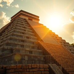 Ancient stone steps ascend a massive Mayan pyramid bathed in warm golden sunlight,  tulum, mayapan