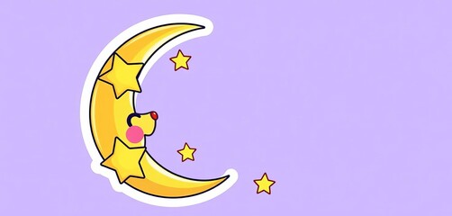 Adorable sticker illustration of a smiling crescent moon and stars,  night,  celestial