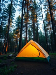 Forest tent pitched under trees, serene wilderness camp,  wilderness,  serene