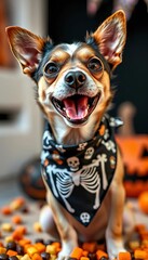 A small terrier mix with a skeleton print bandana, looking excited for Halloween treats and fun,  holiday,  treat