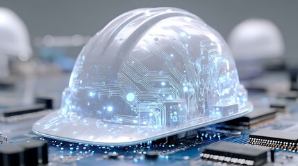 3D rendered image of a futuristic hard hat on a circuit board, with glowing internal lights