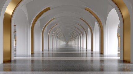 Fototapeta premium Grand architectural corridor with elegant arches and golden accents creating a spacious, light-filled environment for design and art projects