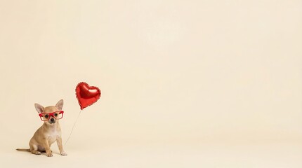 Cute Valentine Pet Advertising Background Cute Chihuahua Dog Wearing Glasses Holding Heart Balloon Valentine Animal Background with Copy Space