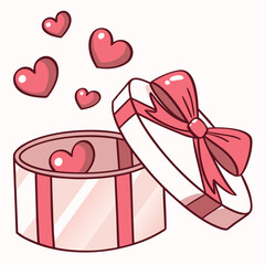 A cute cartoon illustration of an open round gift box with pink and white stripes, adorned with a large red ribbon bow on the lid. Hearts are floating out from inside the box and around it.