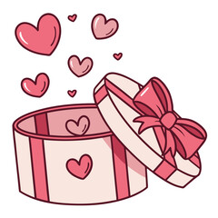 A round gift box with pink and red stripes and heart designs sits slightly open, releasing floating hearts symbolizing love, affection, and celebration.