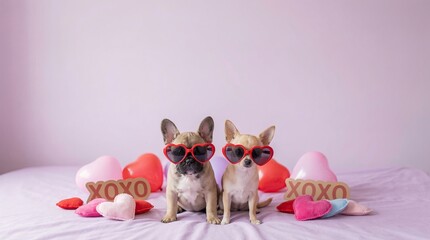 Cute Valentine Pet Advertising Background Cute Puppies in Heart Glasses Surrounded by Love Decorations Valentine Animal Background with Copy Space
