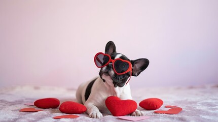 Cute Valentine Pet Advertising Background Playful Dog with Heart-Shaped Sunglasses Surrounded by Hearts Valentine Animal Background with Copy Space
