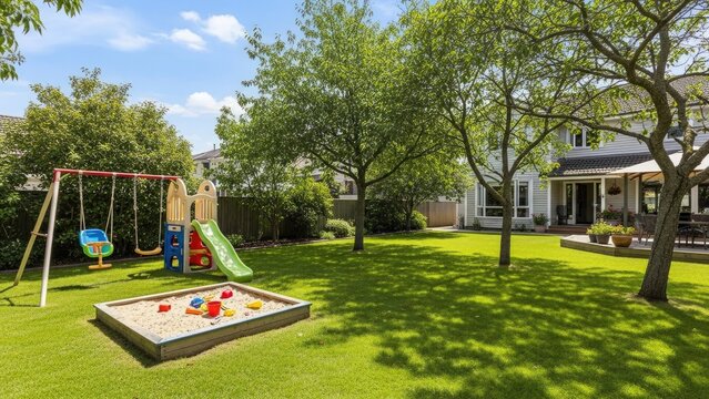 Outdoor playground with swings slide and sandbox in a backyard setting