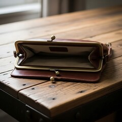 Open Brown Leather Kiss Lock Wallet on Rustic Wooden Table.