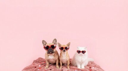 Cute Valentine Pet Advertising Background Adorable Pets in Heart-Shaped Sunglasses Against Pink Background Valentine Animal Background with Copy Space