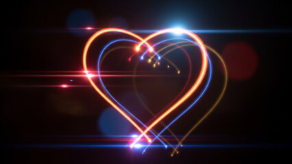 A beautiful heart shape drawn with a glowing red and orange light trail, with a bright lens flare on a dark background. A romantic and energetic design for Valentine's Day.