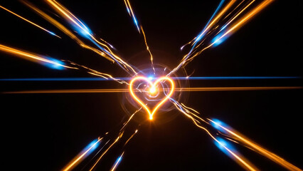 A glowing golden heart shape in the center of a futuristic tunnel of light streaks. An energetic and dynamic design for a romantic, celebratory, or high-tech concept.