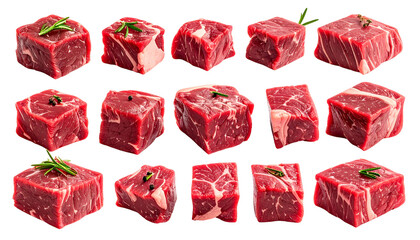 Fototapeta premium Fifteen precisely cut raw red meat cubes, arranged against a stark black background