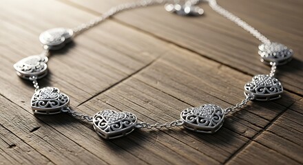 Elegant Silver Heart Necklace on Rustic Wooden Surface.