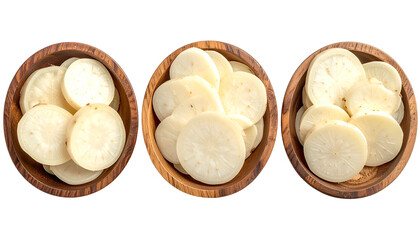 Three wooden bowls, each filled with thinly sliced, pale, round vegetables