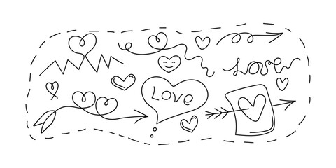 Valentine's Day. A set of line icons, arrows, and hearts. Contour drawings, doodles, and sketches. Speech bubbles, letters, and valentines. Black and white illustrations.