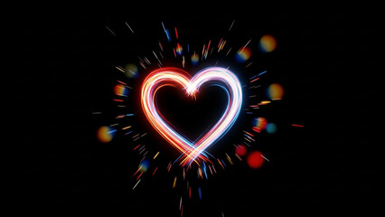 A minimalist neon heart shape with a burst of colorful confetti particles on a dark background. A modern and festive design for a party, celebration, or Valentine's Day.