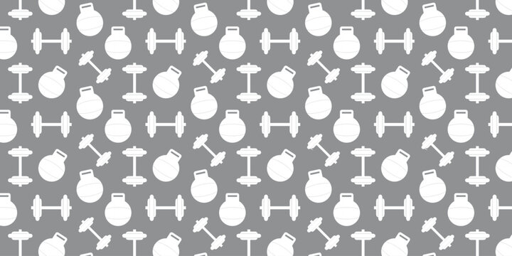 Modern fitness equipment seamless pattern featuring stylized white dumbbells and kettlebells arranged uniformly on a subtle grey backdrop for active lifestyle projects and gym branding