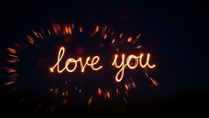 The words "love you" in a glowing script, with a background of fiery sparks. A warm, passionate, and beautiful design for a romantic greeting or message.