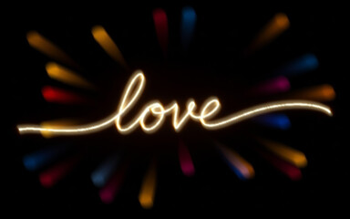 The word "love" in a glowing, flowing script with a burst of colorful light streaks. A vibrant and energetic design for a modern romantic greeting.