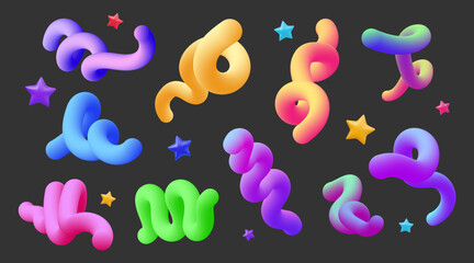 3d line shape set. Abstract liquid color gradient object, fluid graphic with gradient flow. Twist geometric rainbow elements. Colorful render isolated lines, spirals and stars. Vector motion