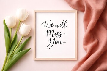 Sentimental flat lay featuring a we will miss you message framed with flowers and fabric