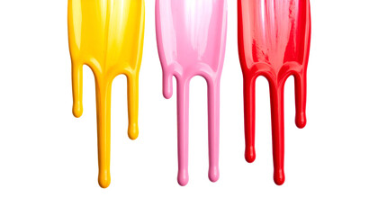 Three vibrant streams of paint, yellow, pink, and red, cascade downwards against a black backdrop