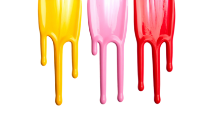 Three vibrant streams of paint, yellow, pink, and red, cascade downwards against a black backdrop